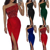 Solid color sexy sequin split long skirt temperament One-shoulder evening dress skirt