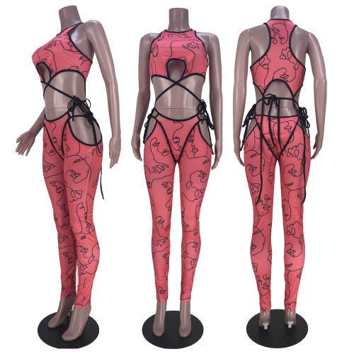 Fashion Casual Ladies Print Cutout Tie Jumpsuit