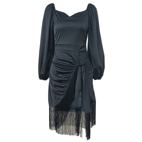 Dress Temperament tight-fitting lantern long-sleeved fringed pleated slit bag hip skirt