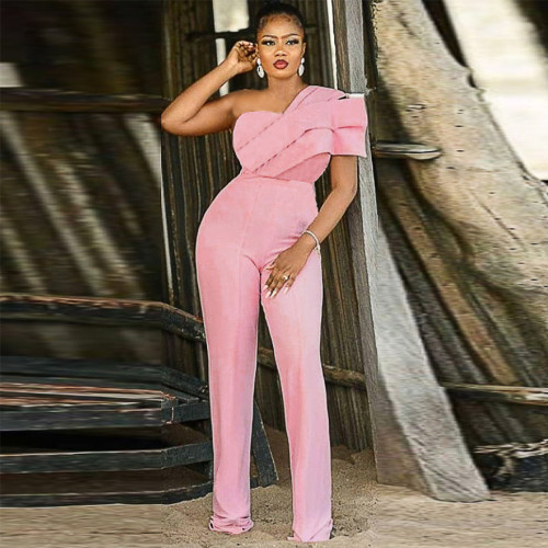 Design niche sexy one-shoulder ruffled pink wrap-chest party dress plus size women's jumpsuit