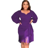 Dress Temperament tight-fitting lantern long-sleeved fringed pleated slit bag hip skirt