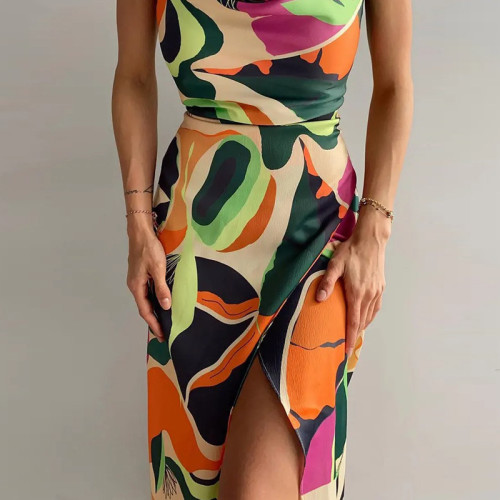 Mid-length skirt printed temperament elegant U-neck high-waist dress