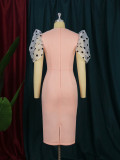 Plus Size Polka Dot Tulle Sleeve V-Neck Pink Midi Dress