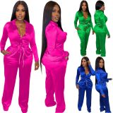 Stylish Stretch Satin Lace-Up Casual Two-Piece Set