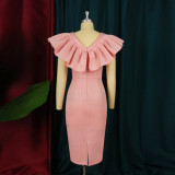 Large size temperament bow V-neck lotus leaf sleeves high waist bag hip skirt party dress dress