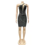 Fashion sexy nightclub hot diamond diagonal neck mesh perspective skirt dress