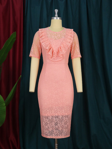 Round neck ladies long skirt lace skirt ruffle dress pink dress