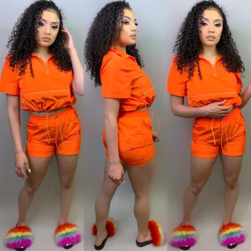 Lapel Zip Solid Drawstring Shorts Two-Piece Set