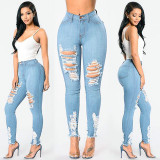 Elastic ripped slim fit large size women's trousers ripped pencil pants