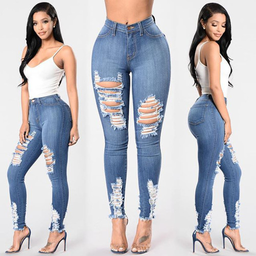 Elastic ripped slim fit large size women's trousers ripped pencil pants