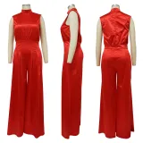 Still Wide Leg Pants Solid Color Turtleneck Sleeveless Waist Jumpsuit