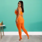 Sexy Nightclub Pants Ostrich Hair Sleeveless Sling Two-Piece Set