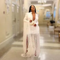 Women's Deep V Neck Sexy Waist Tight Long Sleeve Fringe Dress Dress