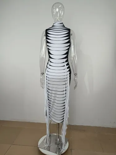 Sexy Skinny Turtleneck Sleeveless Tank Top Two Tone Fringe Long Dress