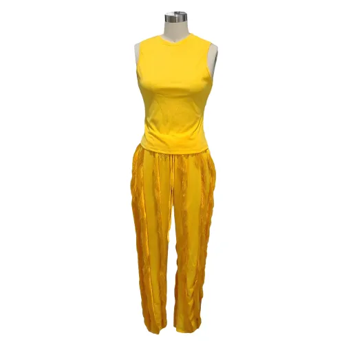 Women's Two Piece Tassel Pants Sleeveless Casual Suit Lace Summer Sexy