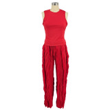 Women's Two Piece Tassel Pants Sleeveless Casual Suit Lace Summer Sexy