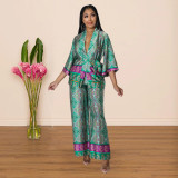 Simulated silk print wide leg pants two-piece multi-color optional
