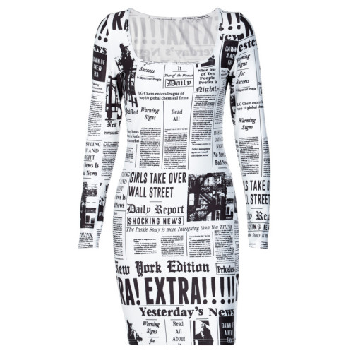 Slim fit and thin and fat MM elastic long-sleeved autumn short skirt printed newspaper tight dress