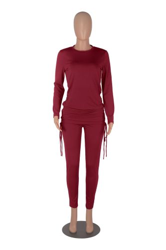 Long Sleeve Gathered Casual Round Neck Women's Suit
