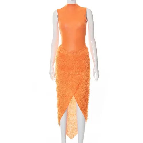 Fashion Solid Color Sleeveless Bodysuit Pine Fleece Skirt Set