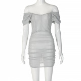 One-Shoulder Drape Sleeve Solid Color Dress