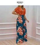 Elegant V-Neck Printed Wide Leg Pants Casual High Waist Jumpsuit