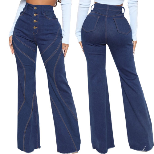 Trendy Patchwork Denim Stretch Slim Fit Flared Pants