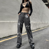 Star patch stitching straight jeans high waist trend handsome gray black slim trousers