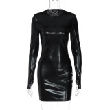 Personality Round Neck Chest Zipper Long Sleeve Hip Dress
