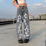 Retro street five-pointed star print distressed washed jeans