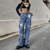 Star patch stitching straight jeans high waist trend handsome gray black slim trousers