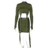 Ripped Long Sleeve Top Slim Fit Short Skirt Set
