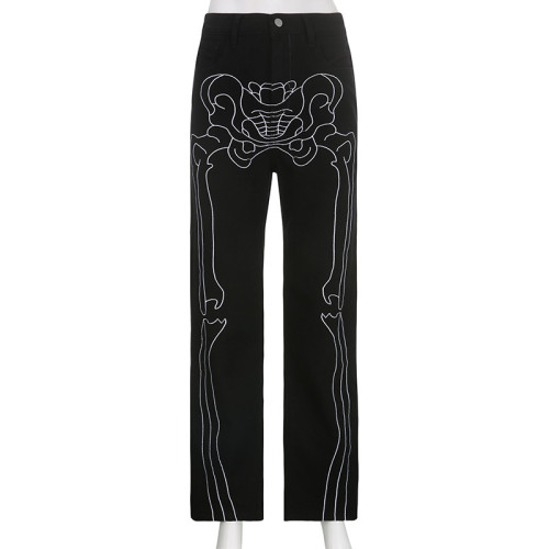 Human bone print low-rise jeans dark style funny trousers