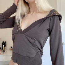 V-Neck Hooded Casual Thin Sweater Hot Girl Solid Color Versatile Pocket Short Slim Top