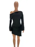 Pleated Slit Irregular Hem Flared Sleeves Sexy One-Line Neck Dress