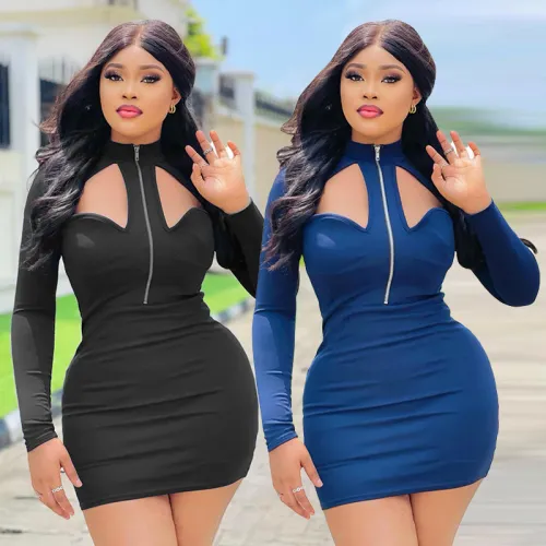Fashion casual solid color zipper cutout dress