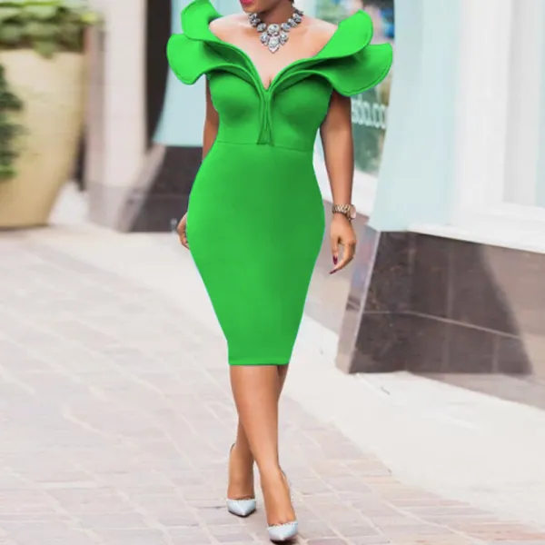 Plus Size Sexy V Neck Backless Ruffle Hanging Sleeve High Waist Hip Dress Banquet Party Dress