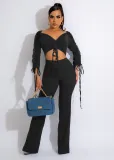 Autumn and winter ribbed pleated sexy short top and trousers two-piece set
