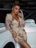 Long Sleeve Dress Elegant Evening See Through Mesh Sleeve Floral Sequin Dress