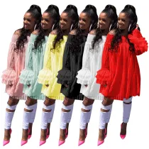 Ladies Casual Jacquard One Shoulder Pineapple Sleeve Loose Dress