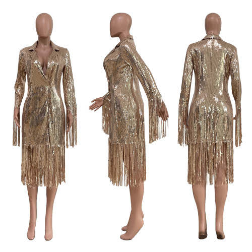 Women's Casual Solid Color Tassel Sequin Long Coat