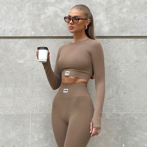 Fashion casual women's basic solid color chapter stitching sports yoga comfortable fitness suit