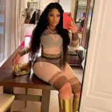 Mesh Print Long Sleeve Cropped Pants Two-Piece Set