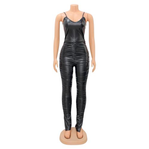 Ladies Fashion Sexy Tight Sling PU Leather Pants Jumpsuit