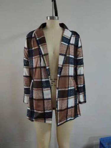 Women's Loose Check Print Long Sleeve Pocket Wool Jacket Cardigan Top