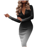 Gradient Slim Fit Long Sleeve Sexy Deep V Neck Hip Dress