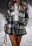 Women's Loose Check Print Long Sleeve Pocket Wool Jacket Cardigan Top