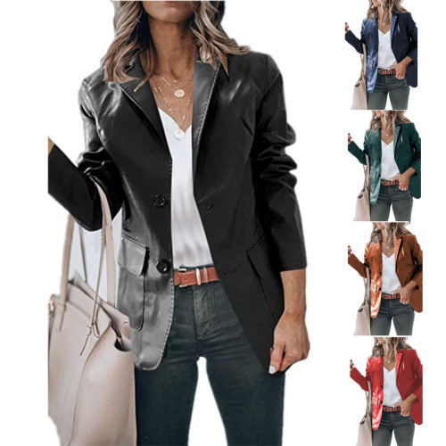 Temperament Slim Lapel Single Breasted Solid Color PU Leather Long Sleeve Top