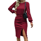 Women's Threaded Waist Lantern Long Sleeve Knit Slit Pack Hip Dress