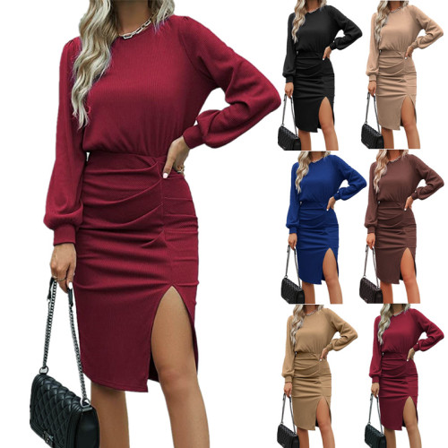 Women's Threaded Waist Lantern Long Sleeve Knit Slit Pack Hip Dress